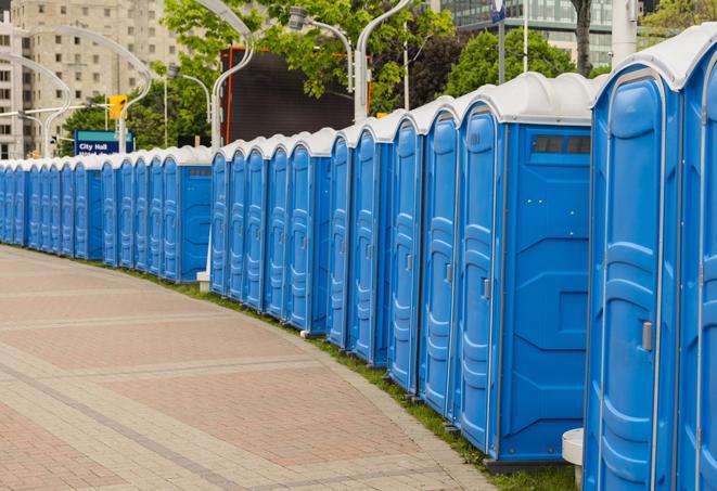 portable restrooms with sink and hand sanitizer stations, available at a festival in Herkimer NY